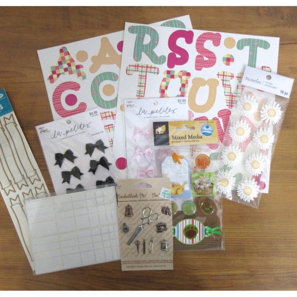 Mixed Media Sticker Bundle Sewing Cats Bows Alphabets Embellishments Scrapbook